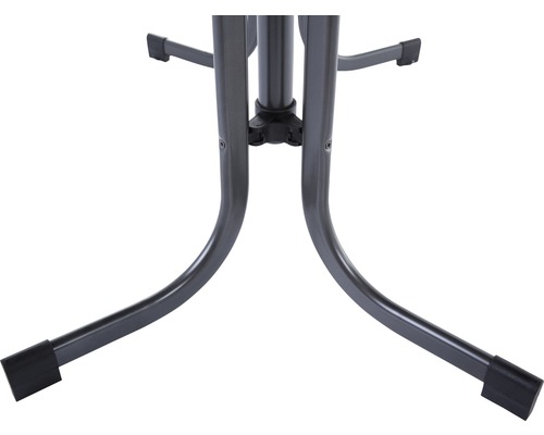 Detailansicht des Untergestells eines Klapptisches aus Metall.