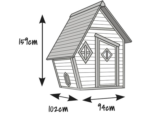 Illustration d''une cabane pour enfants avec des dimensions de 159 cm de hauteur, 102 cm de largeur et 94 cm de profondeur.