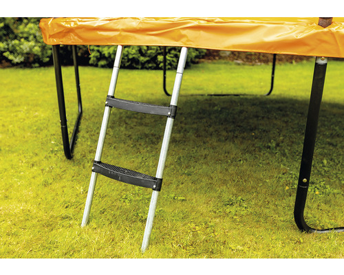 Trampoline avec échelle dans un jardin.