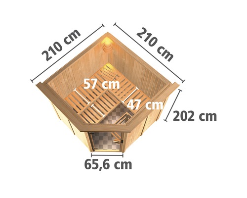 Draufsicht der Ecksauna mit Maßangaben