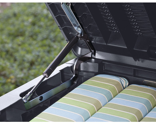 Vue détaillée d''un coffre de jardin ouvert avec ressort à gaz et coussins