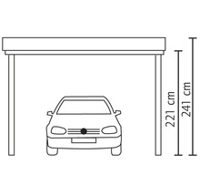 Skizze eines Carports mit Maßangaben und Auto