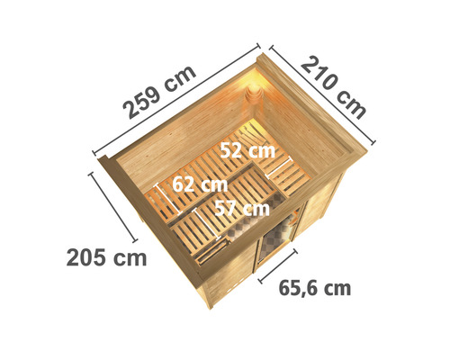Dimensions du sauna vu de dessus : 259 cm, 210 cm, 205 cm, 65,6 cm, 62 cm, 57 cm, 52 cm
