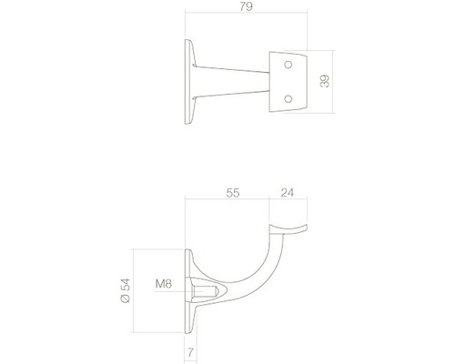 Schéma technique d''un support de main courante avec indications de dimensions