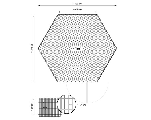 Dessin technique d''un poulailler hexagonal avec des dimensions de 123 cm de large, 106 cm de haut, 62 cm de long, 1 mètre carré de surface et 1,4 cm de largeur de maille, et une hauteur de clôture de 60 cm