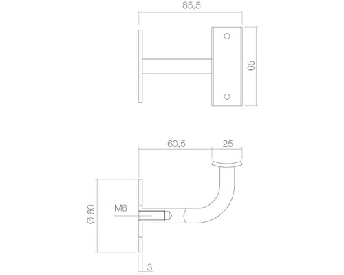 Technische Zeichnung eines Geländerhalters mit Maßangaben