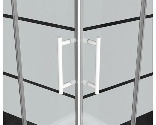 Detailansicht einer Duschkabine mit Türgriffen und transparentem Glas