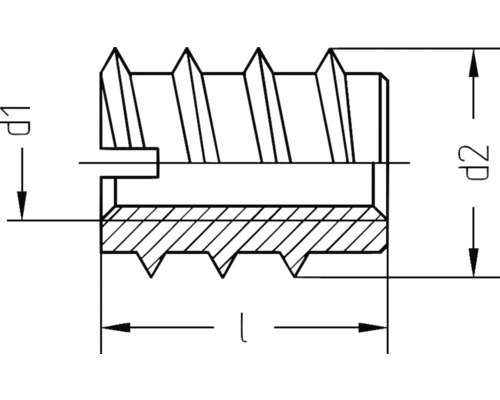 Technische Zeichnung einer Gewindebuchse mit Maßangaben