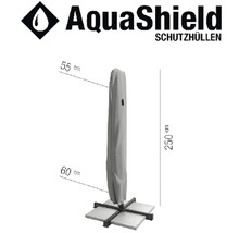 AquaShield Logo. Schutzhülle für einen Sonnenschirm mit den Maßen 55 cm mal 60 cm mal 250 cm.