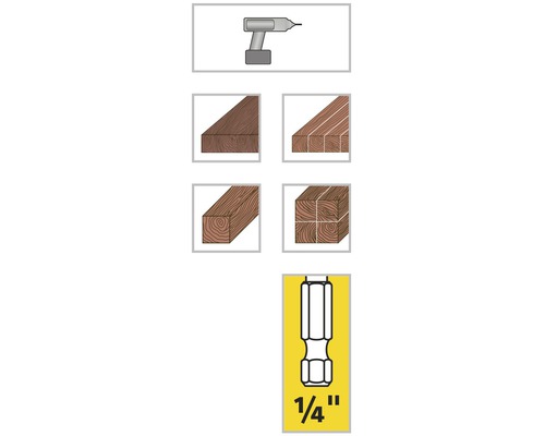 Illustration eines Bohrers, verschiedener Holzarten und eines 6,35 Millimeter Bits