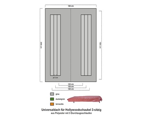 Skizze eines Universal-Ersatzdachs für eine dreisitzige Hollywoodschaukel mit Maßangaben