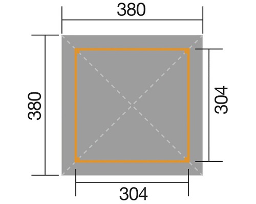 Quadratische Schemazeichnung mit Maßangaben 380 mal 380 Millimeter und 304 mal 304 Millimeter