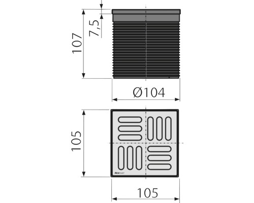 Dessin technique d''une évacuation avec des dimensions de 105 x 105 millimètres et un diamètre de 104 millimètres