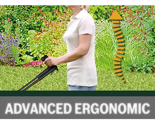 Femme utilisant une tondeuse à gazon dans le jardin avec des informations sur l''ergonomie