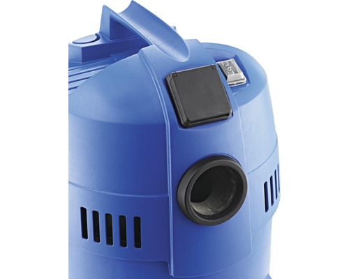 Vue détaillée d''un aspirateur bleu avec poignée, prise de courant et raccordement