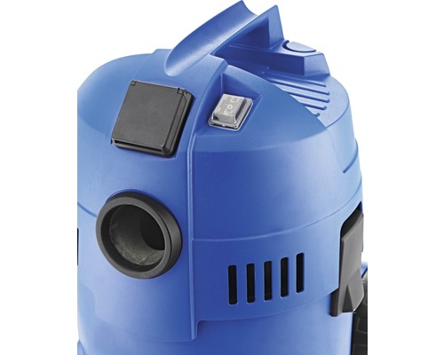 Vue détaillée d''un aspirateur bleu avec interrupteur et prise