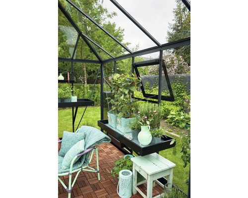 Serre avec plantes, chaise et étagères dans le jardin.