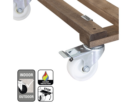 Detailansicht einer Rollenuntersetzer-Konstruktion aus Holz mit Rollen, Symbol für Innen- und Außenbereich, Symbol für Farbschutz, Symbol für Feststellbremse