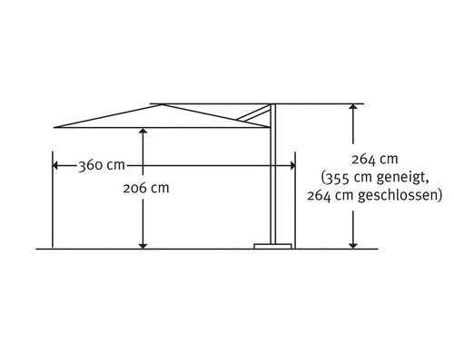 Technische Zeichnung eines Sonnenschirms mit Maßangaben