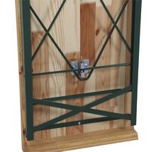 Dessous d''une table de brasserie avec cadre métallique et plateau en bois.