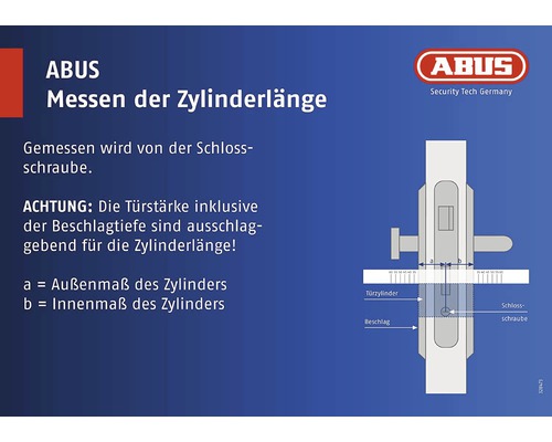 Abbildung zur Messung der Zylinderlänge mit ABUS Logo
