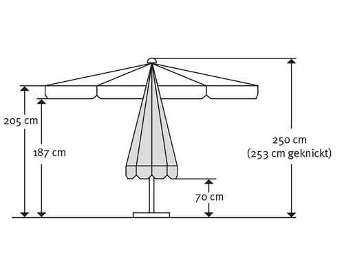 Technische Zeichnung eines Sonnenschirms mit Höhenangaben in Zentimetern.