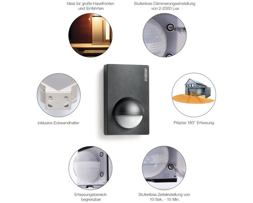 Steinel Sensorleuchte mit Informationen zu Funktionen wie ideal für Hausfronten, inklusive Eckwandhalter, stufenlose Dämmerungseinstellung, präzise Erfassung und stufenlose Zeiteinstellung.
