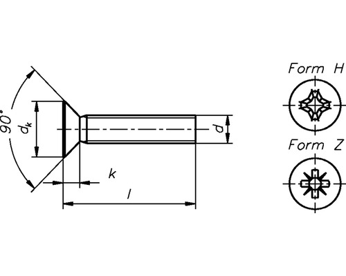 Dessin technique d''une vis à tête fraisée avec dimensions et variantes de tête H et Z.