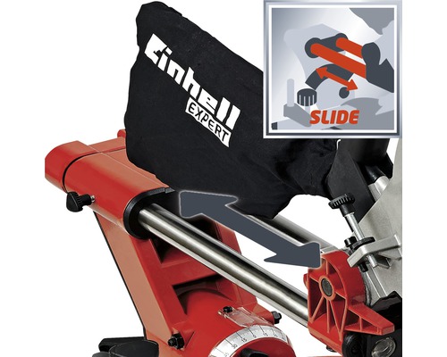 Logo Einhell Expert sur sac à poussière d''une scie à onglet avec fonction de traction.