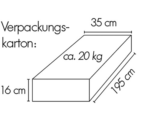 Verpackungskarton mit Maßangaben: 16 cm hoch, 35 cm breit, 195 cm lang, circa 20 Kilogramm schwer