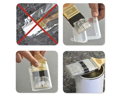 Darstellung zur Aufbewahrung eines Pinsels mit einem transparenten Behälter anstelle einer Plastiktüte.
