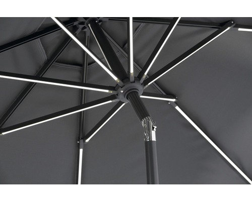 Detailansicht von unten eines geöffneten Gartenschirms mit Beleuchtung