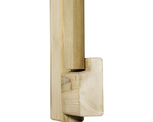 Detailansicht einer Holzkonstruktion mit Pfosten und Querbalken