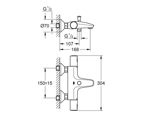 Schéma technique d''un mitigeur de bain apparent avec dimensions