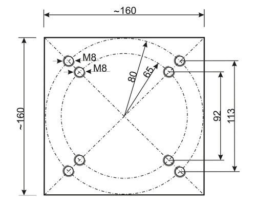 Technische Zeichnung mit Maßangaben für ein Befestigungselement
