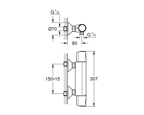 Dessin technique d''un raccord de robinetterie de salle de bains avec indications de dimension