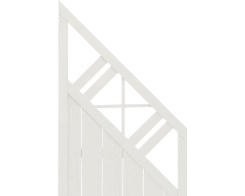 Detailansicht eines weißen Gartenzaunelements mit dekorativem Gitter