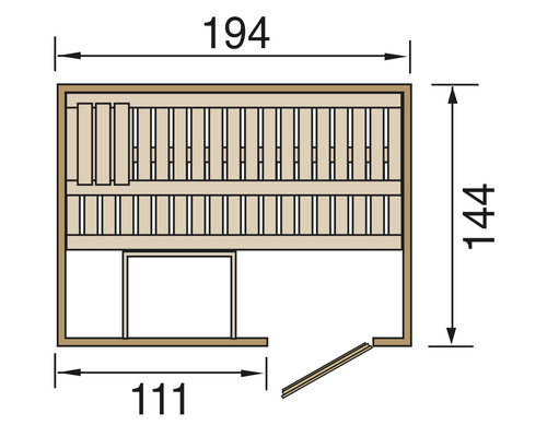 Grundriss einer Sauna mit den Maßen 194 mal 144 Zentimeter.