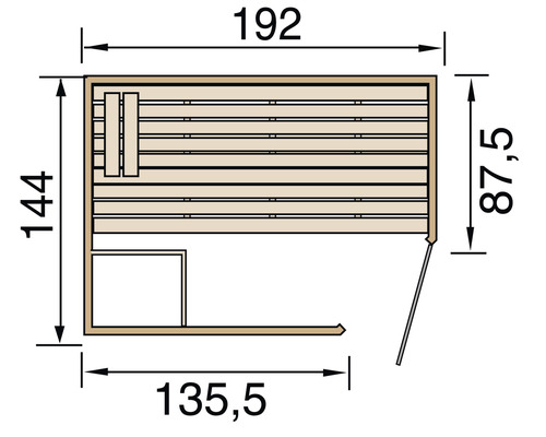 Draufsicht einer Sauna mit Maßangaben.