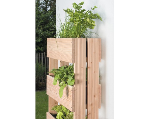Vertikaler Pflanzkasten aus Holz mit Kräutern und Salat bepflanzt
