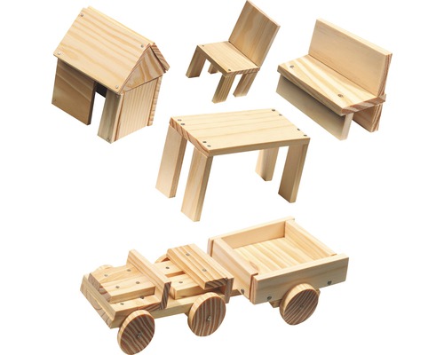 Jouets en bois comprenant une maison, une chaise, un banc, une table et un camion