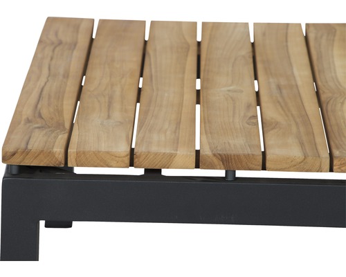 Vue détaillée d''un banc de jardin en teck avec cadre en métal
