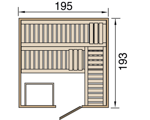 Schéma d''un sauna mesurant 195 x 193 centimètres.