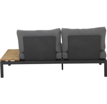 Salon de jardin avec coussins gris, étagère en bois et cadre foncé