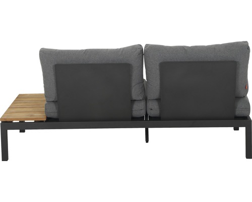 Salon de jardin avec coussins gris, étagère en bois et cadre foncé