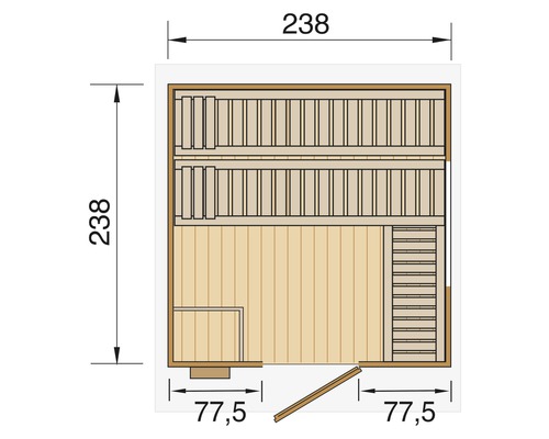 Plan d''une sauna avec des dimensions de 238 sur 238 centimètres.