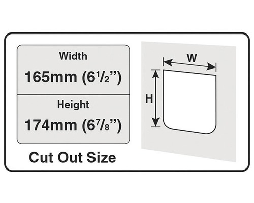 Ausschnittgröße mit Breite 165 mm und Höhe 174 mm