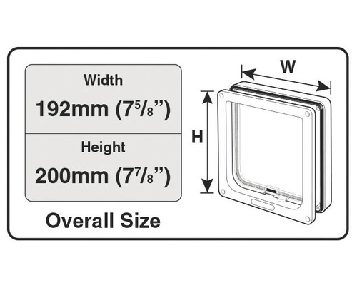Abmessungen der Katzenklappe: 192 mm breit und 200 mm hoch