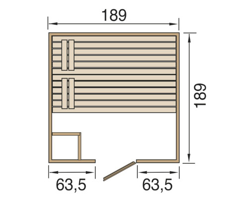Draufsicht der Sauna mit Massangaben