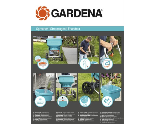 Gardena Streuwagen XL Produktbild mit Details und Anwendungsbeispielen